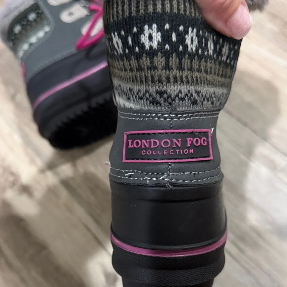 London Fog Gray and Pink Kids Waterproof Snow Boots